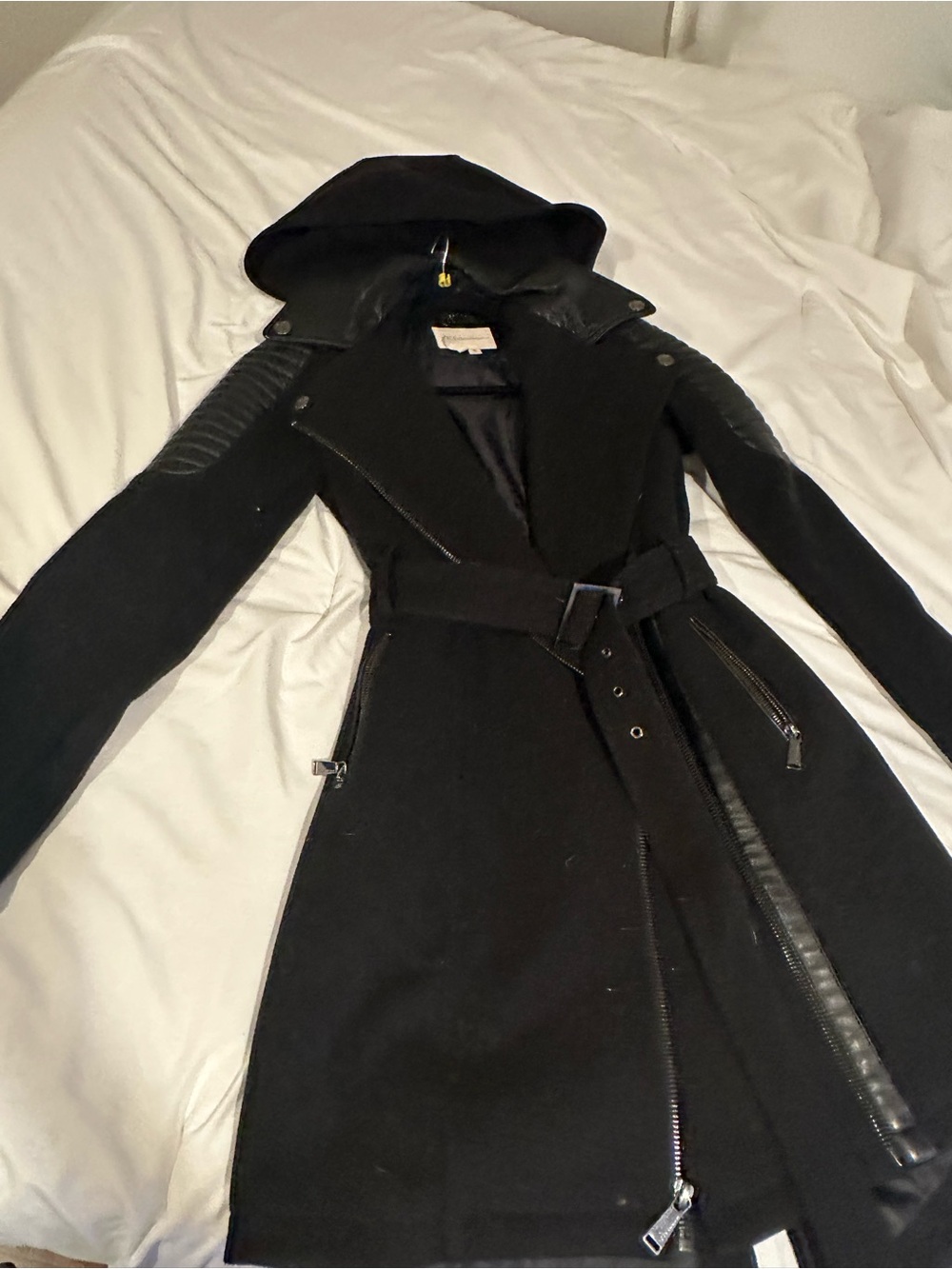 BCBGeneration Black Hooded Belted Trench Coat with Quilted Sleeves
